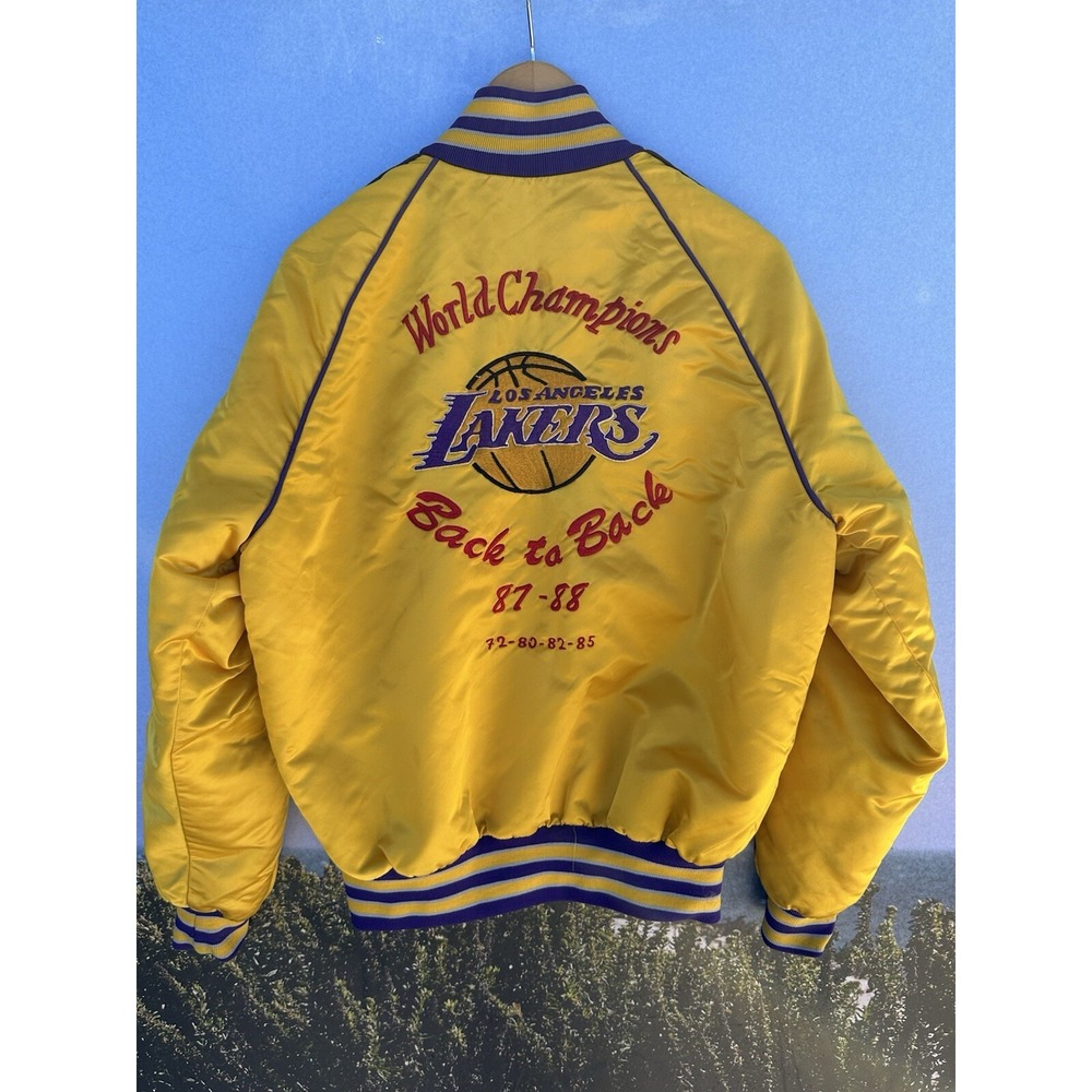 Custom Lakers Bomber Jacket Satin Gold Back 2‎ Back 87,88 World Champs Steve